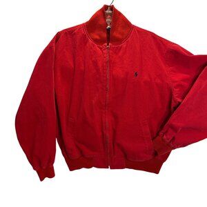 Polo Ralph Lauren Red Cotton Bomber Jacket Sz L Ribbed Cuffs Hem Track Coat